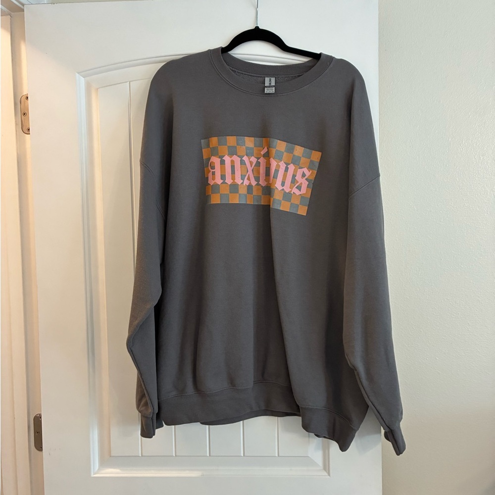 Gildan Gray Crewneck Sweater with Pink & Orange Check 'anxious' Graphic